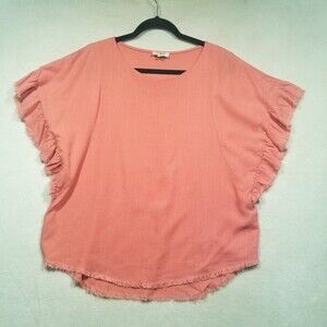 Umgee Small Top Dolman Sleeve Raw Hem Coral/Pink Linen Blend Beach Coastal BOHO